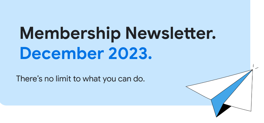 A light blue banner with the text 'Membership Newsletter' in light blue font and a paper plane illustration on the right. The banner also has the text 'There's no limit to what you can do.'