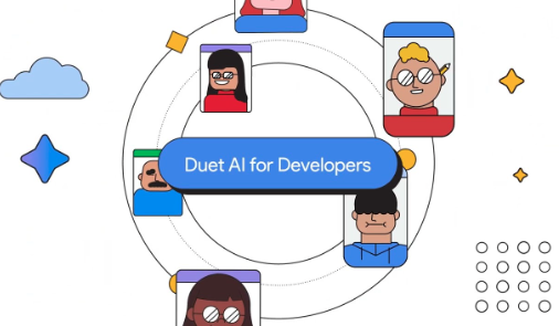 モバイル デバイスのさまざまな人々が円の中で描かれているカラフルなイラスト。可能性や開始などの要素が図示されても、丸みを帯びた青い四角形の中央の中央の「Duet AI for Developers」というテキストがハイライト表示されています。