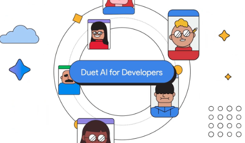 Ilustrasi penuh warna yang menggambarkan berbagai orang menggunakan perangkat seluler dalam lingkaran. Ada elemen ilustrasi lainnya seperti kaleng dan start, serta teks &#39;Duet AI untuk Developer&#39; ditandai di tengah, di atas persegi panjang membulat biru.
