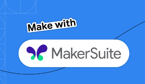 Un banner de fondo azul brillante con el texto “Crear con” y el nombre de MakerSuite