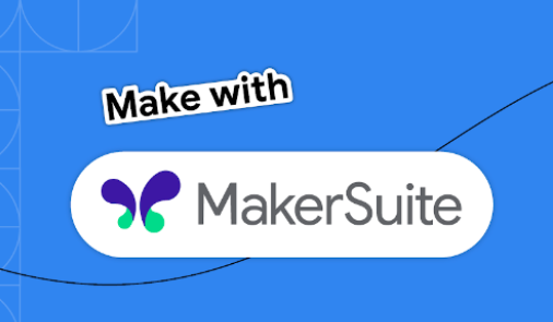 بانر خلفية زرقاء ساطعة يحتوي على النص &quot;إنشاء باستخدام&quot; وأداة MakerSuite lo