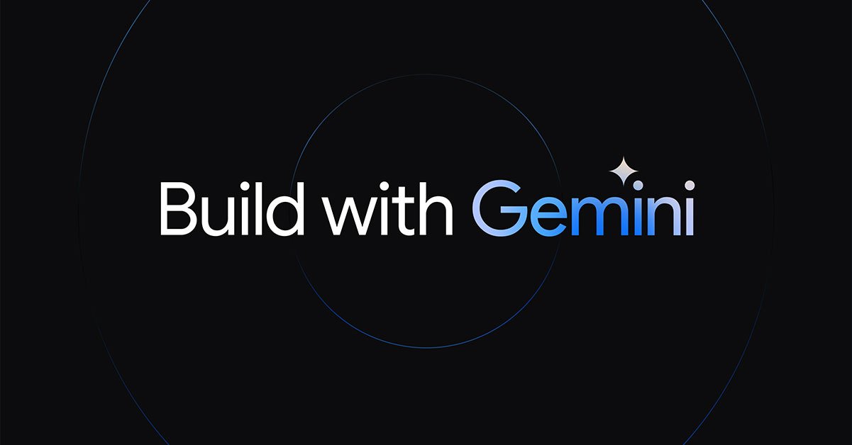 Banner hitam dengan teks &#39;Build with Gemini&#39; di tengah. Huruf &#39;Gemini&#39; dalam gradien biru dan memiliki bintang di atasnya.