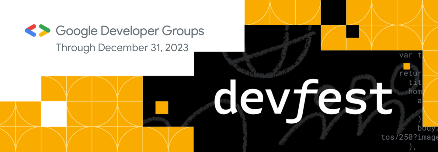 Um banner amarelo com o logotipo do DevFest, formas geométricas coloridas e ilustração. 