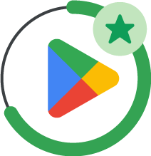 Google Play 로고와 별표 아이콘이 있는 초록색 원