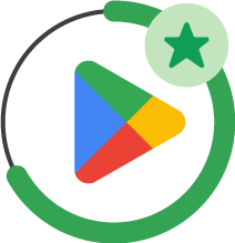 Círculo verde con el logotipo de Google Play y un ícono de estrella.