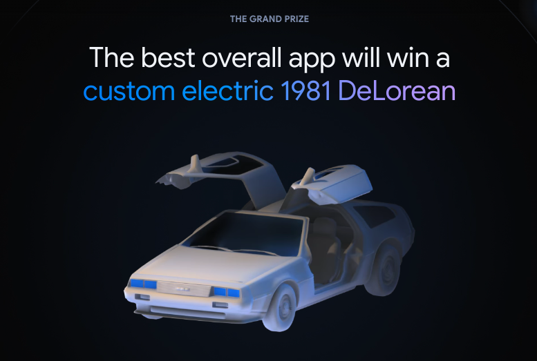 Win a custom electric DeLorean! Illustration of 1981 DeLorean car (black background).