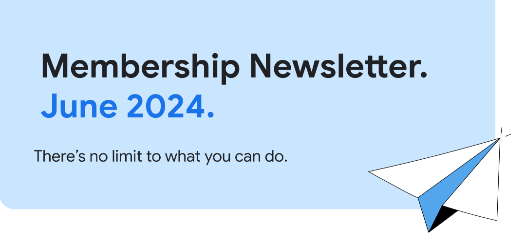 Um banner azul claro com o texto &quot;Newsletter da assinatura&quot; em azul claro e uma ilustração de um avião em papel à direita. O banner também tem o texto &quot;Não há limite para o que você pode fazer&quot; e o mês de distribuição.