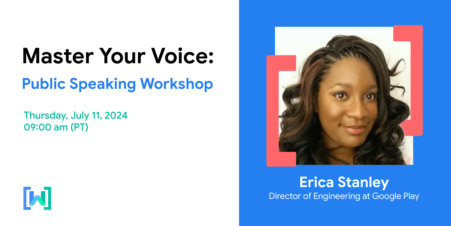 Banner advertising our public speaking workshop titled 'Master Your Voice.' Date and time of the event are displayed on the left. Photo of the speaker with her title is featured in a bright blue box on the right.