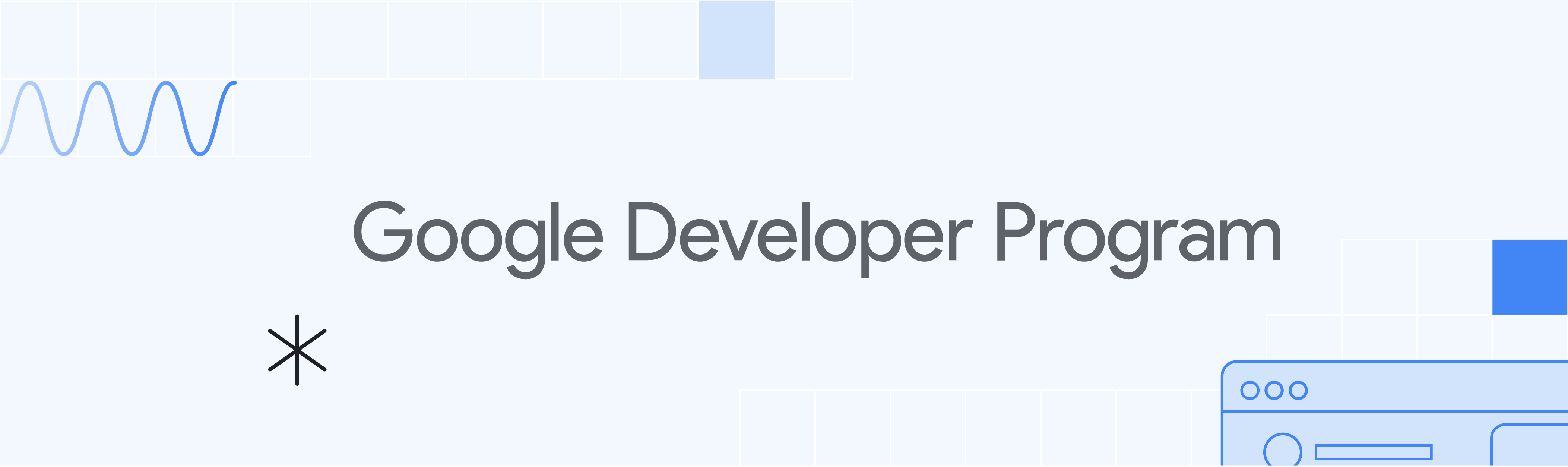 Banner azul claro com &quot;Programa para desenvolvedores do Google&quot; e ilustrações.