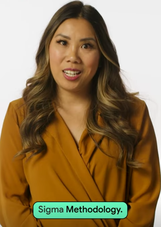 Janine Lee wearing a brown blouse smiles towards the viewer. A bright green box with the text 'Sigma Methodology' sits in front of them.