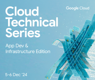 Uno sfondo blu con il testo &quot;Cloud Technical Series&quot; in bianco. Sotto, in un testo bianco più piccolo, è riportata la dicitura &quot;App Dev & Infrastructure Edition&quot; e &quot;5-6 Dec &#39;24&quot;. Nell&#39;angolo in basso a destra è presente un disegno astratto blu e oro.