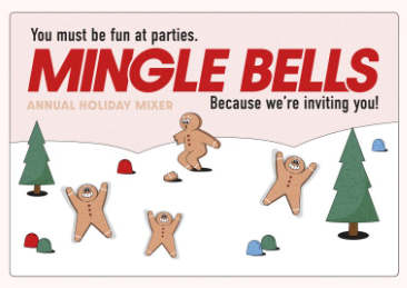 Una invitación festiva con el texto “Mingle Bells” en letras rojas en negrita. El fondo es una escena nevada con hombres de jengibre que hacen ángeles de nieve y un árbol.