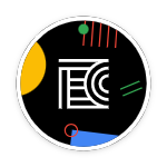 Un logotipo circular con un fondo negro y un borde blanco. Las letras &quot;TEC&quot; están en el centro y el fondo está lleno de formas geométricas coloridas.