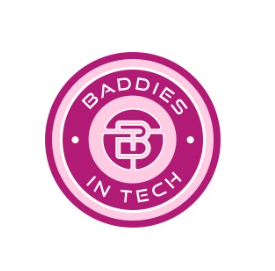 Un logo circolare con sfondo rosa e bordo bianco. Il logo riporta la dicitura &quot;Baddies in Tech&quot; con la lettera &quot;B&quot; al centro.