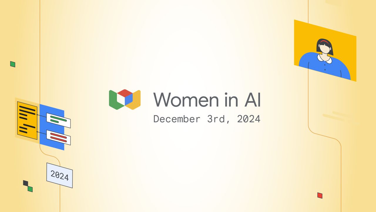 Phông nền màu vàng có dòng chữ &quot;Women in AI&quot; (Phụ nữ trong AI) và ngày &quot;Ngày 3 tháng 12 năm 2024&quot;. Có một biểu tượng nhỏ là hình một người phụ nữ với một danh sách và một lịch.