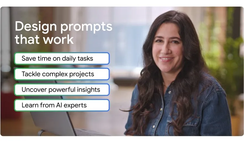 Una imagen que muestra los beneficios de usar instrucciones de diseño eficaces. Presenta cuatro puntos clave: ahorrar tiempo en las tareas diarias, abordar proyectos complejos, descubrir estadísticas potentes y aprender de expertos en IA.