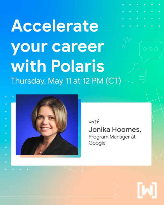 A vertical banner with gradient background and Jonika's photo. Jonika is a caucasian woman with short, blonde hair smiling at the camera. The banner reads 'Accelerate your career with Polaris