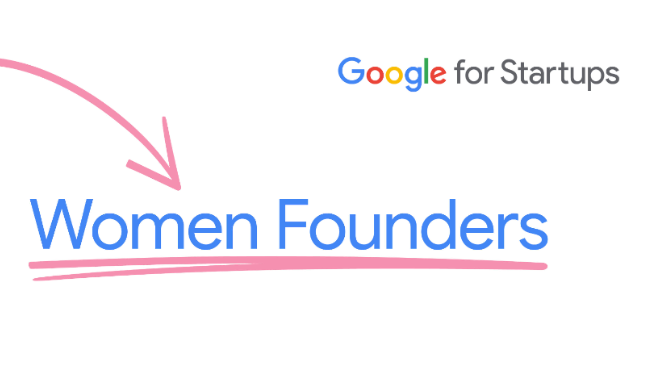 Um banner branco com o logotipo do Women Founders – Google for Startups