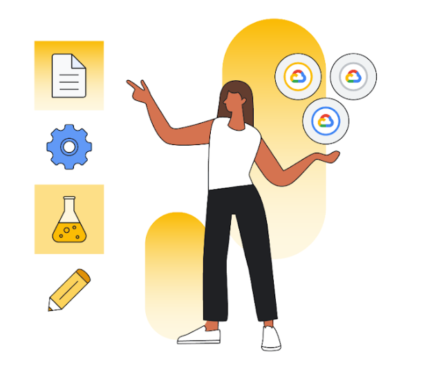 An illustration of a woman with different elements surrounding her and the logo of Google Cloud
