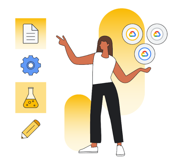 Ilustración de una mujer con diferentes elementos a su alrededor y el logotipo de Google Cloud