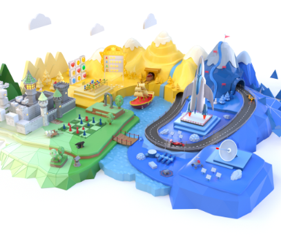 An illustration of a colorful 3D gaming landscape.