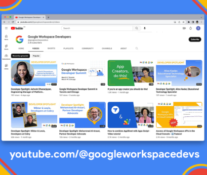 包含 YouTube 频道和 @googleworkspacedevs 链接的图片