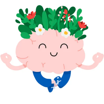 Otak ilustrasi yang gembira melayang dalam pose meditasi. Bunga dan tanaman tumbuh dari permukaannya, melambangkan pertumbuhan mental yang ditunjang oleh meditasi. Dikirim untuk kontes Doodle for Google 2022.