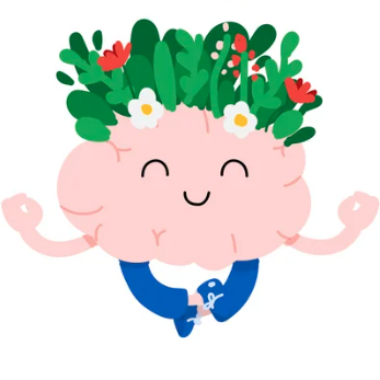 Un cerebro alegre y ilustrado levita en una pose meditativa. Flores y plantas brotan de su superficie y simbolizan el crecimiento mental fomentado por la meditación. Enviado para el concurso Doodle for Google 2022.