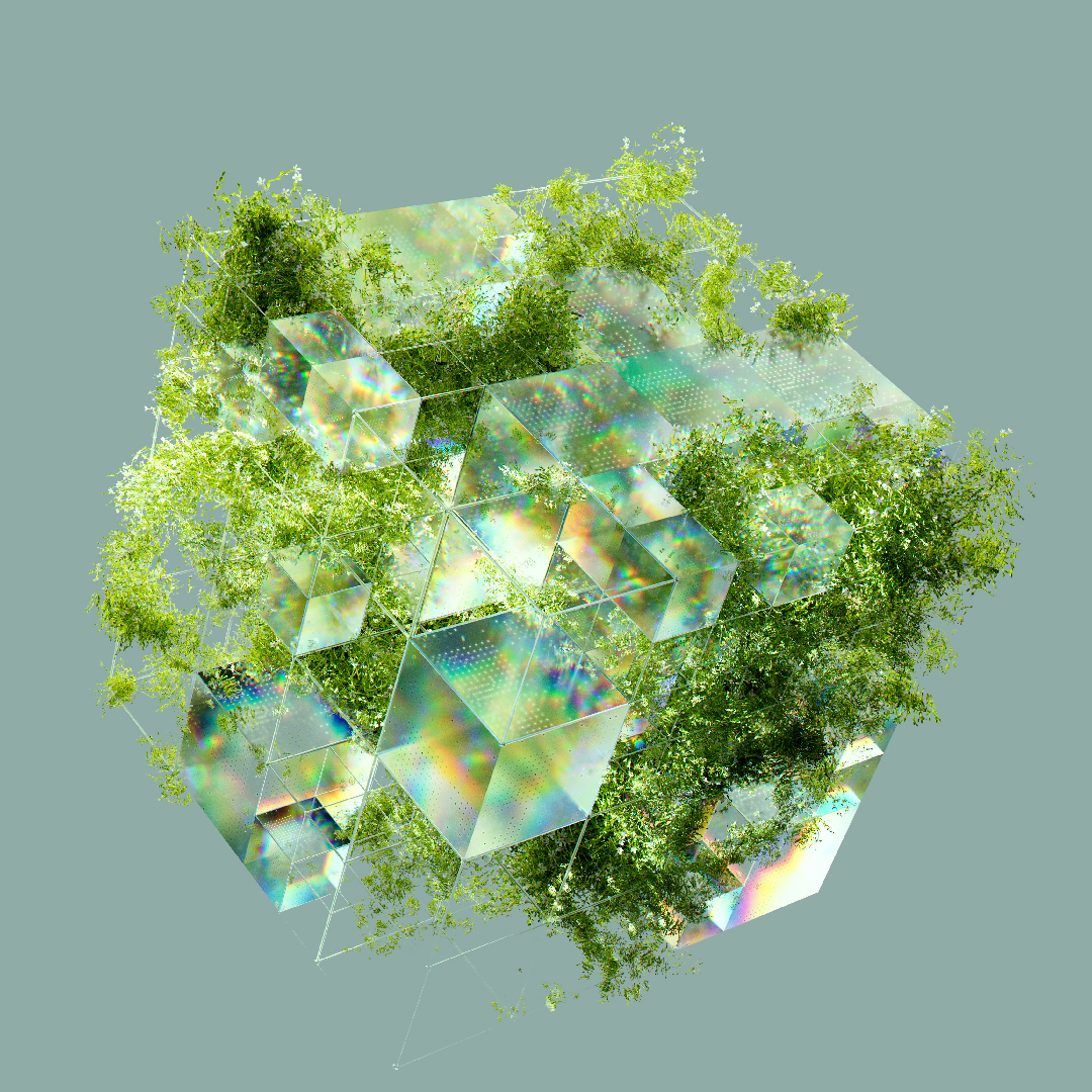 Un cubo 3D hecho de vidrio, lleno de exuberante follaje verde. El cubo es transparente, lo que permite al espectador ver los detalles intrincados de las plantas que contiene. El fondo es gris claro.