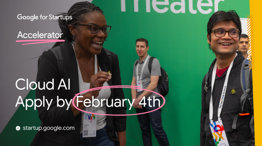 Un banner de Google for Startups que promociona el programa Cloud AI Accelerator con una fecha límite para postularse el 4 de febrero.