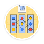 Un diagramma colorato che illustra un&#39;icona del carrello degli acquisti e caselle colorate interconnesse, che rappresentano un sistema di consigli per la vendita al dettaglio.