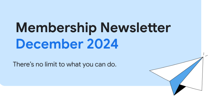 Un banner azul claro con el texto &quot;Membership Newsletter&quot; en fuente azul claro y una ilustración de un avión de papel a la derecha. El banner también incluye el texto &quot;No hay límite para lo que puedes hacer&quot; y el mes de distribución.