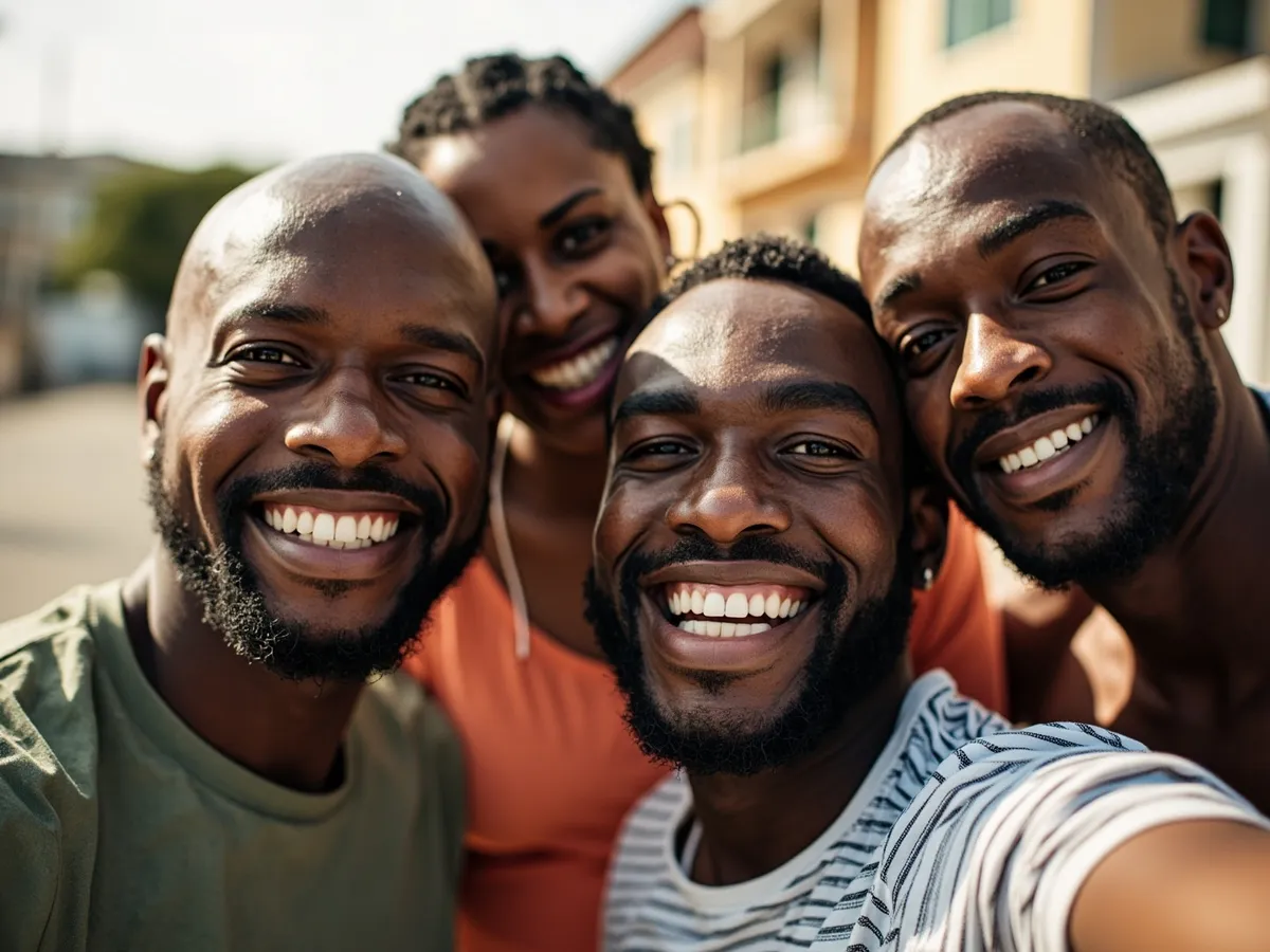 Computer-generated image: four friends laughing together in a group photo on a quest day out