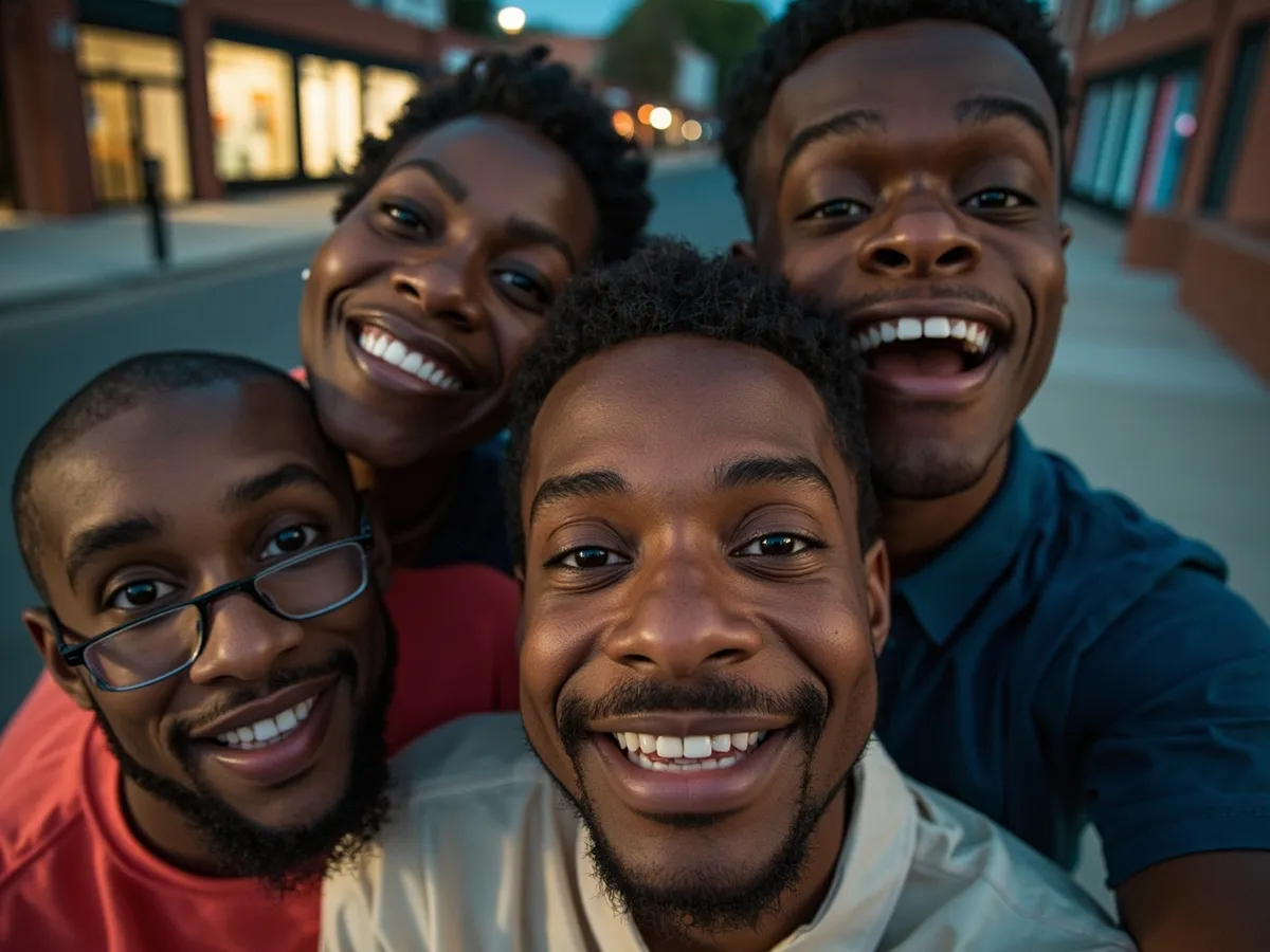 Computer-generated image: four friends laughing together in a group photo on a quest day out