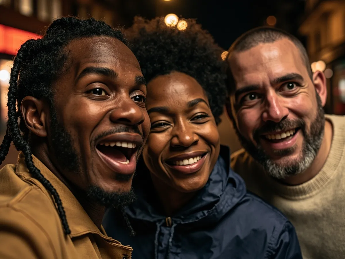 Computer-generated image: three friends laughing together in a group photo on a quest day out