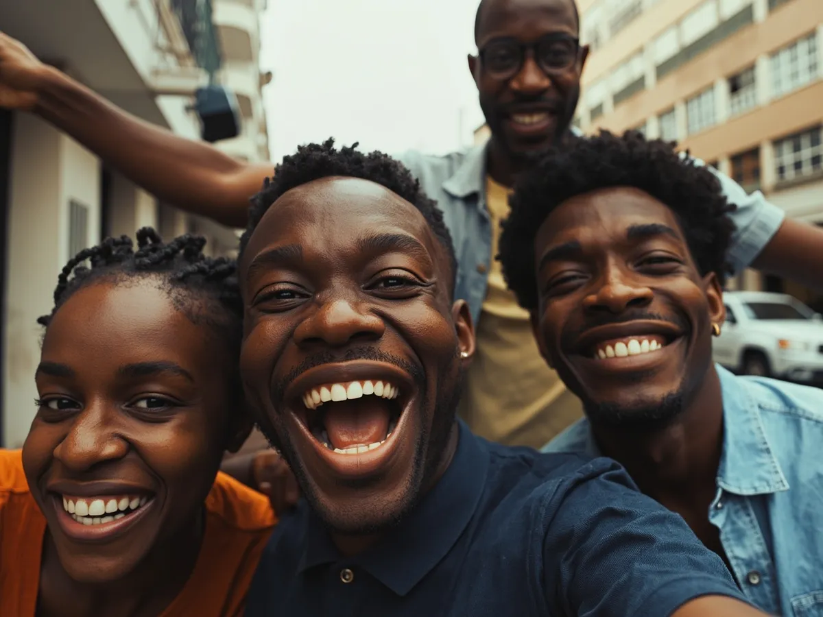 Computer-generated image: four friends laughing together in a group photo on a quest day out