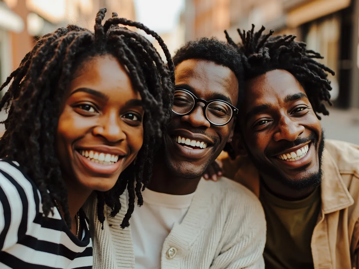 Computer-generated image: three friends laughing together in a group photo on a quest day out