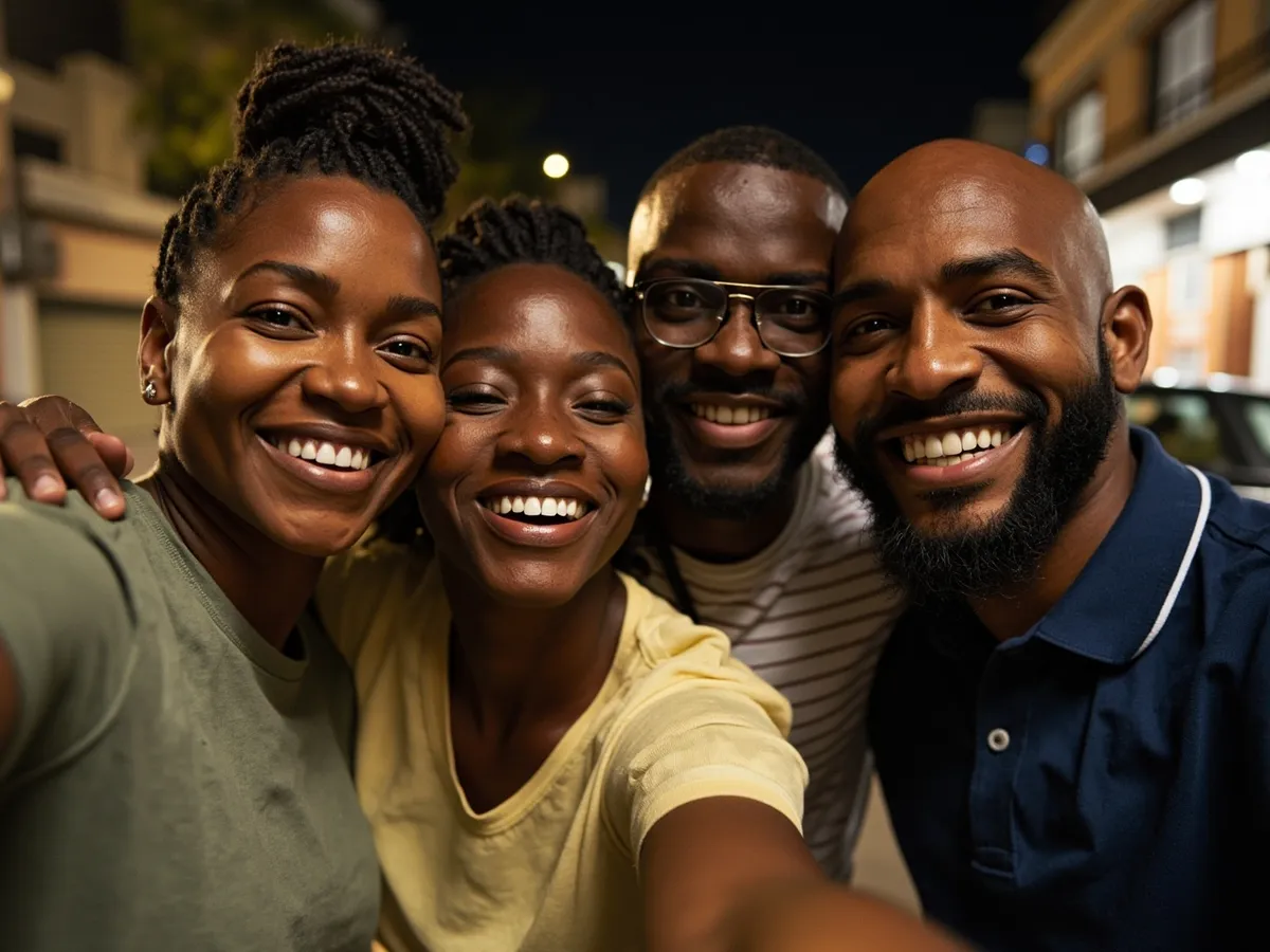 Computer-generated image: four friends laughing together in a group photo on a quest day out