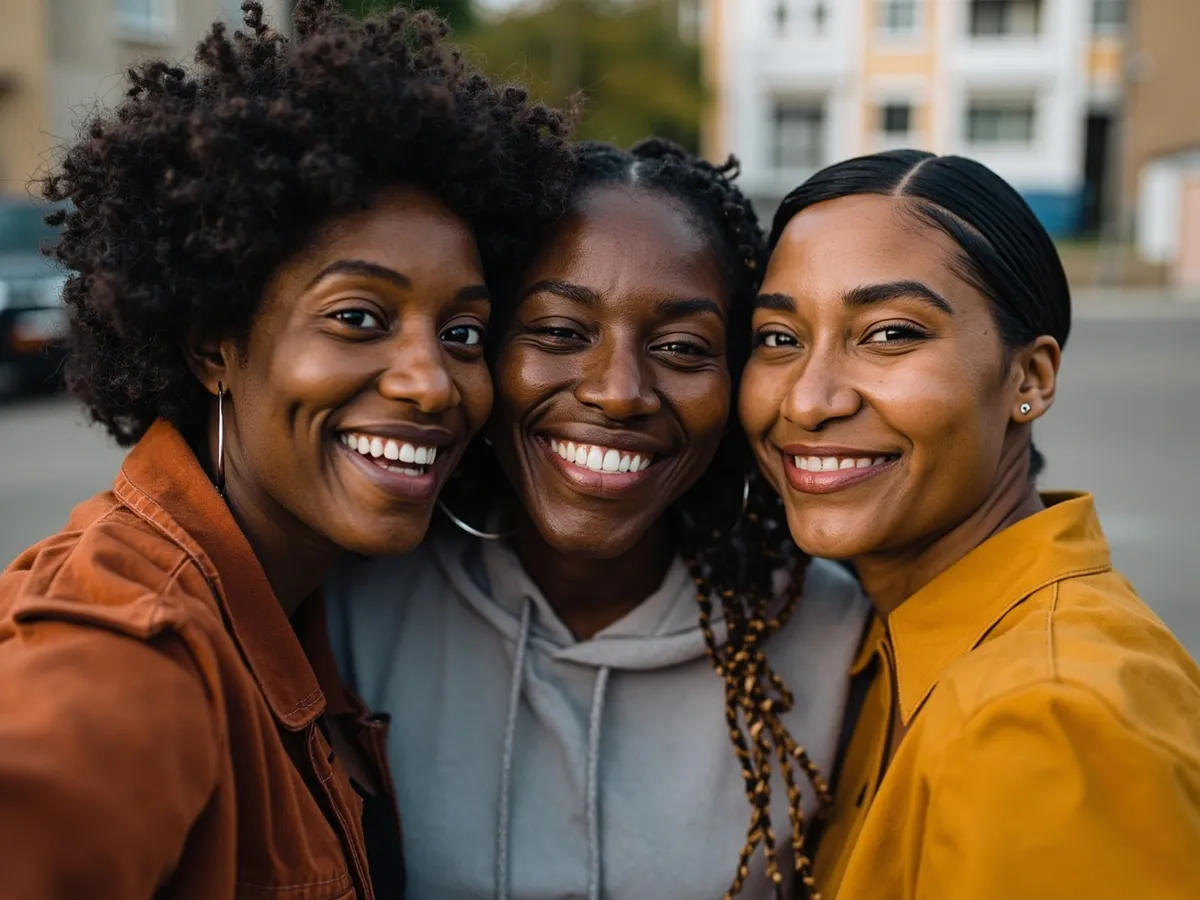 Computer-generated image: three friends laughing together in a group photo on a quest day out