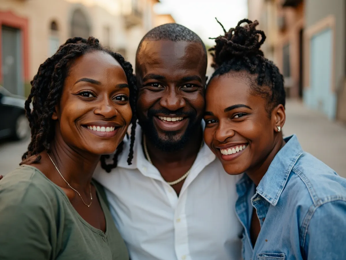 Computer-generated image: three friends laughing together in a group photo on a quest day out
