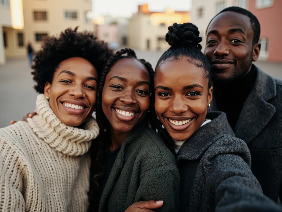 Computer-generated image: four friends laughing together in a group photo on a quest day out