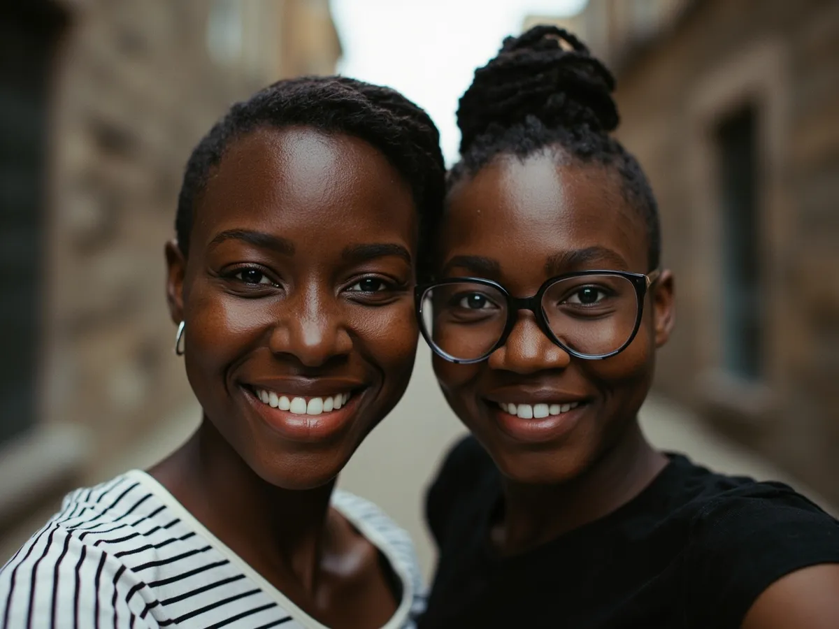 Computer-generated image: two friends laughing together in a group photo on a quest day out
