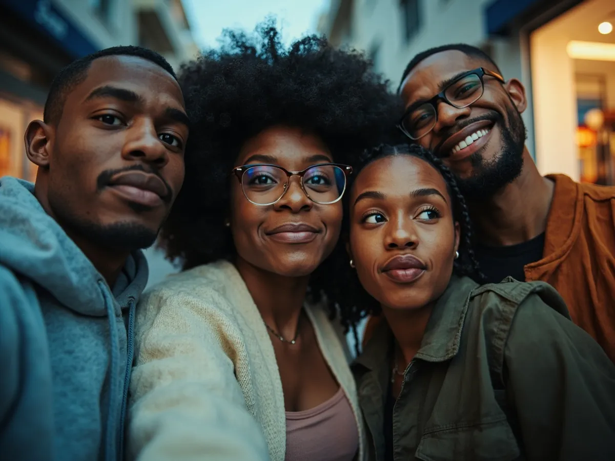 Computer-generated image: four friends laughing together in a group photo on a quest day out
