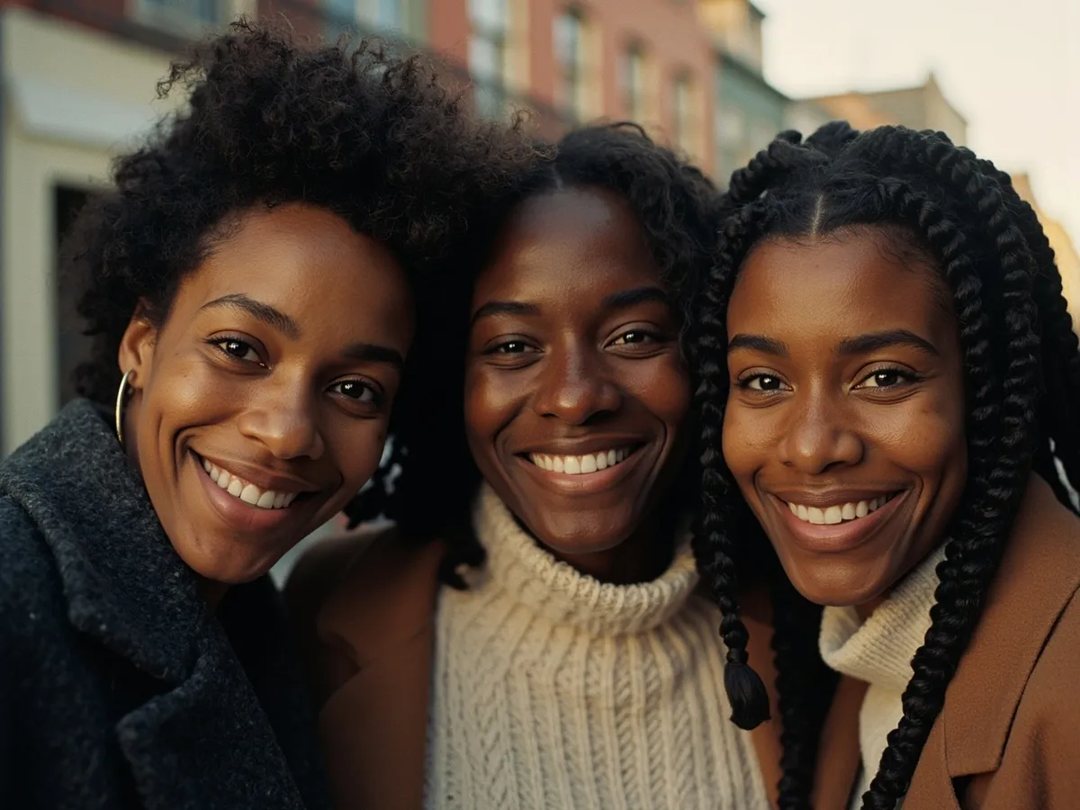 Computer-generated image: three friends laughing together in a group photo on a quest day out