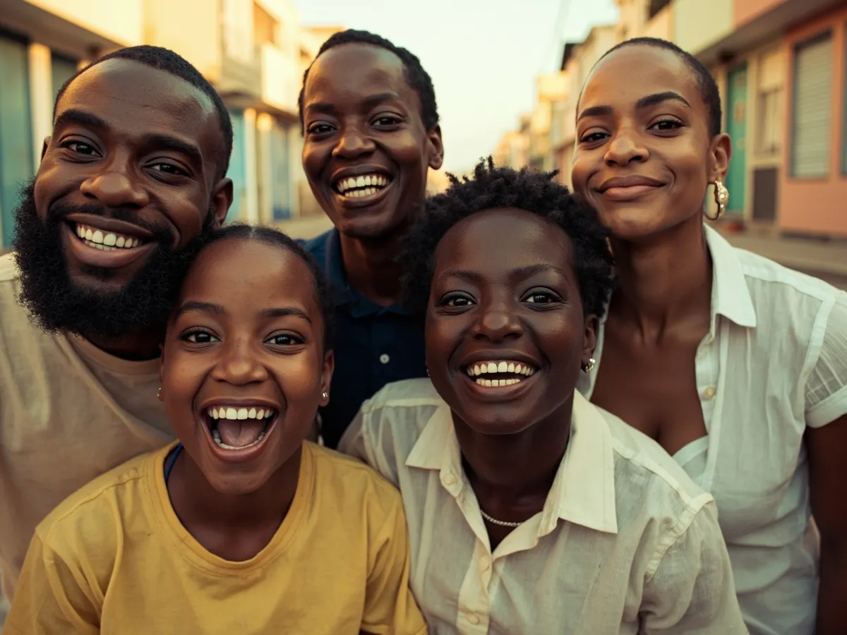 Computer-generated image: four friends laughing together in a group photo on a quest day out