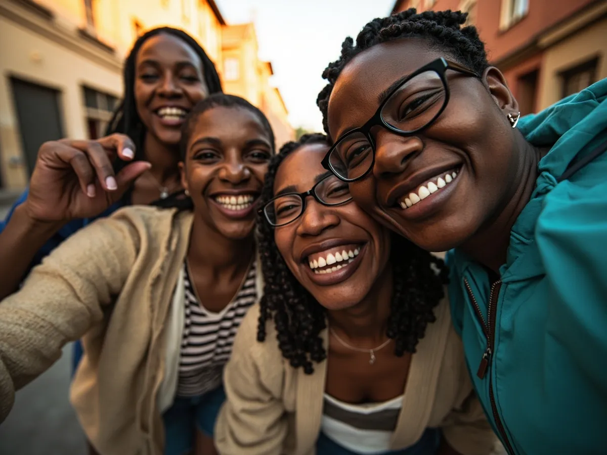 Computer-generated image: four friends laughing together in a group photo on a quest day out