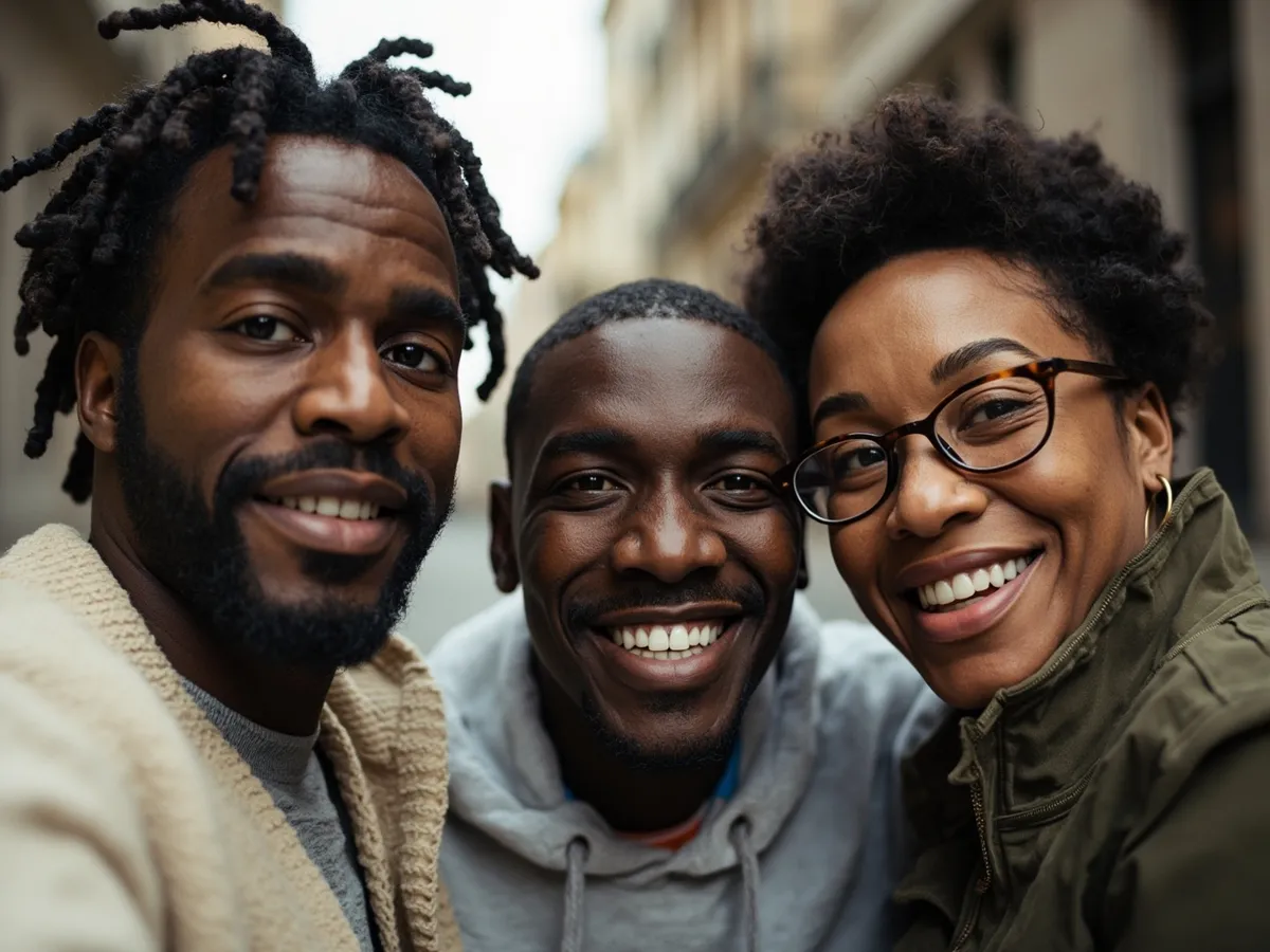 Computer-generated image: three friends laughing together in a group photo on a quest day out