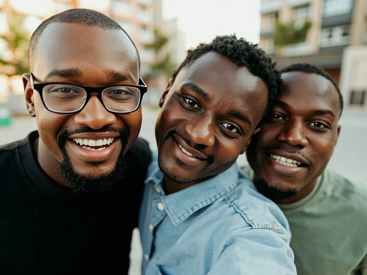 Computer-generated image: three friends laughing together in a group photo on a quest day out