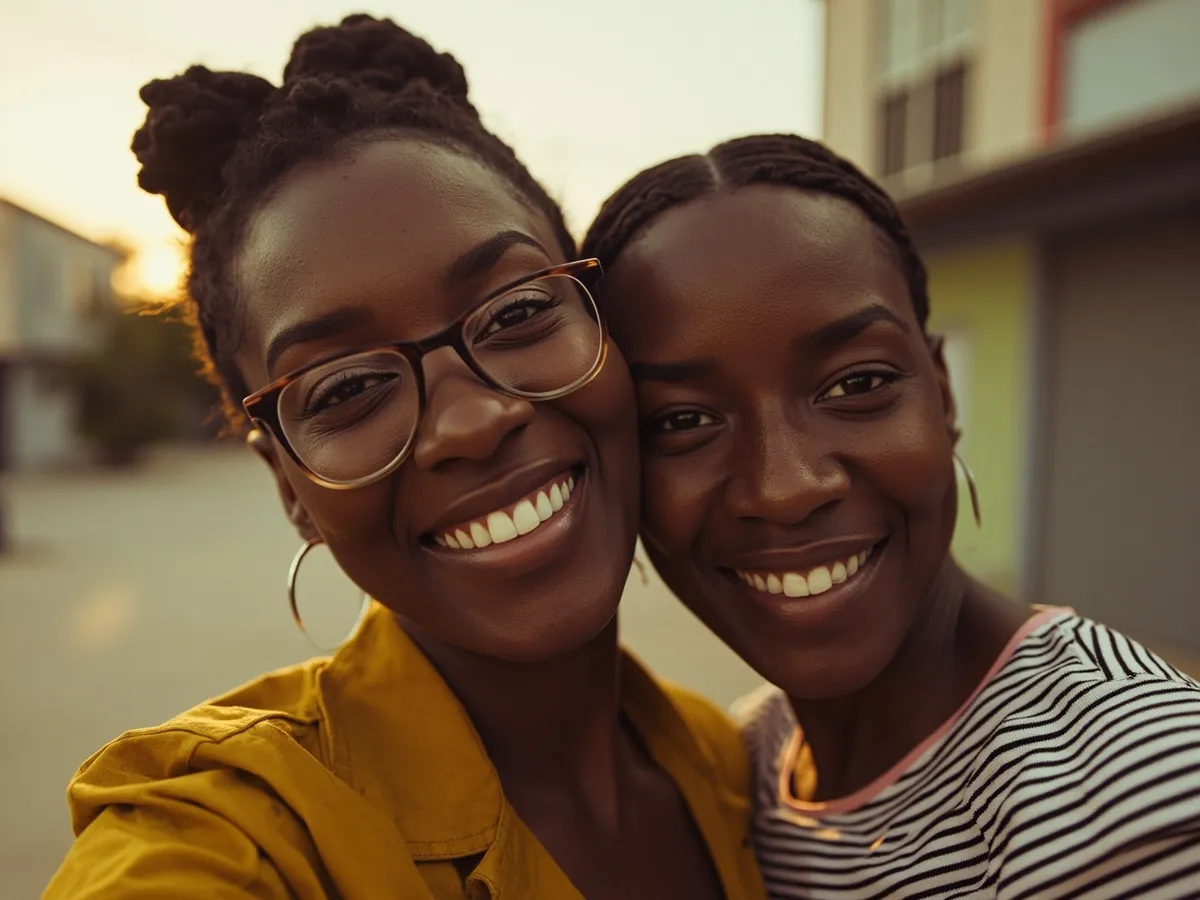 Computer-generated image: two friends laughing together in a group photo on a quest day out