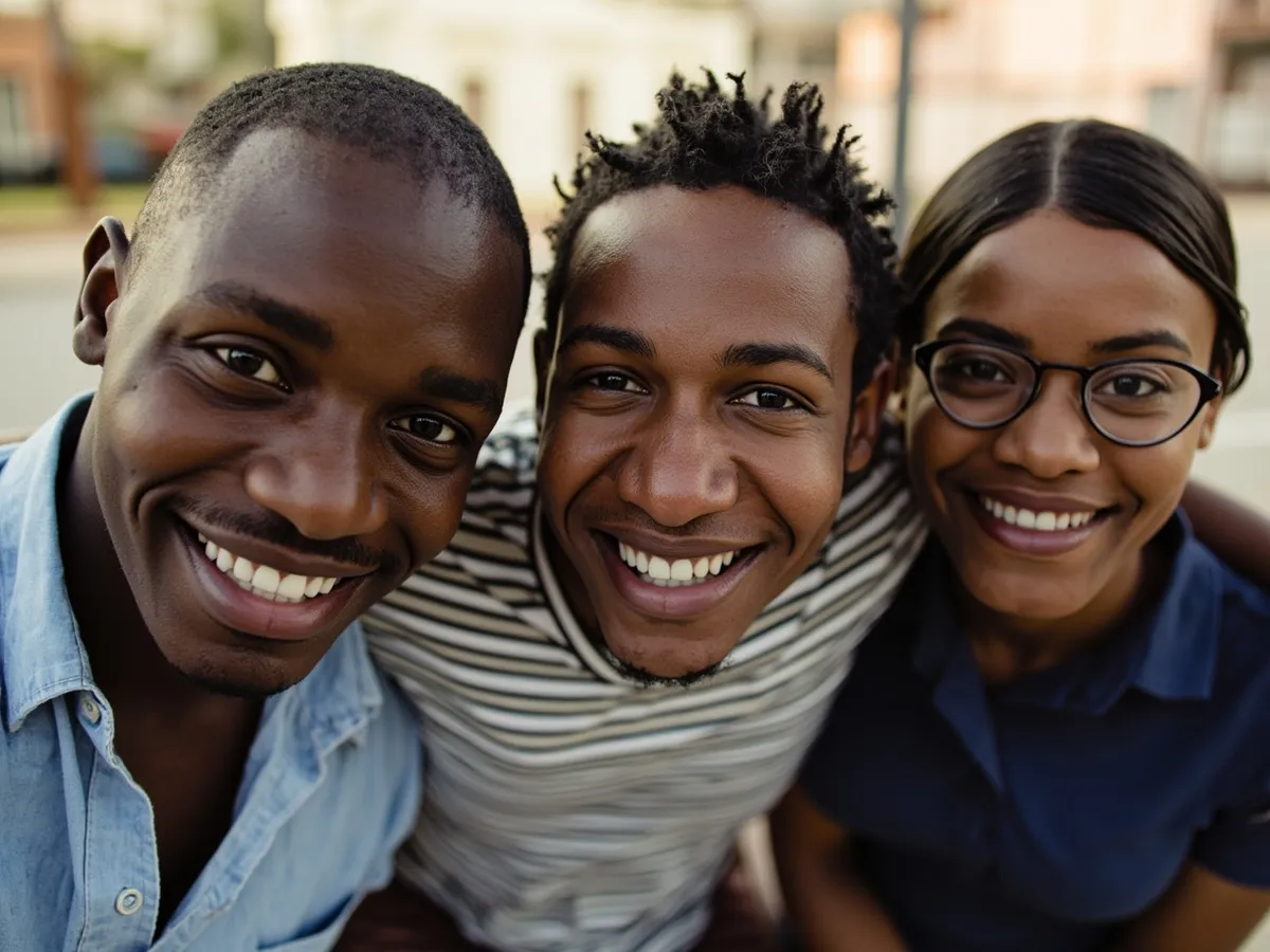 Computer-generated image: three friends laughing together in a group photo on a quest day out